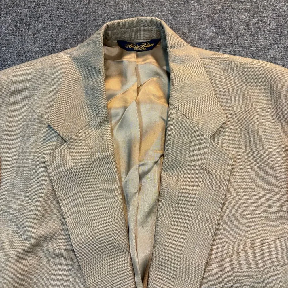 Vintage Brooks Brothers Tan Plaid Wool Suit Mens 42R 2 Piece Set Blazer Pants